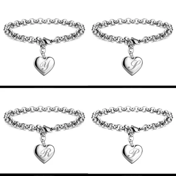 Silver Heart Initial Charm Bracelet - Picture 1 of 3